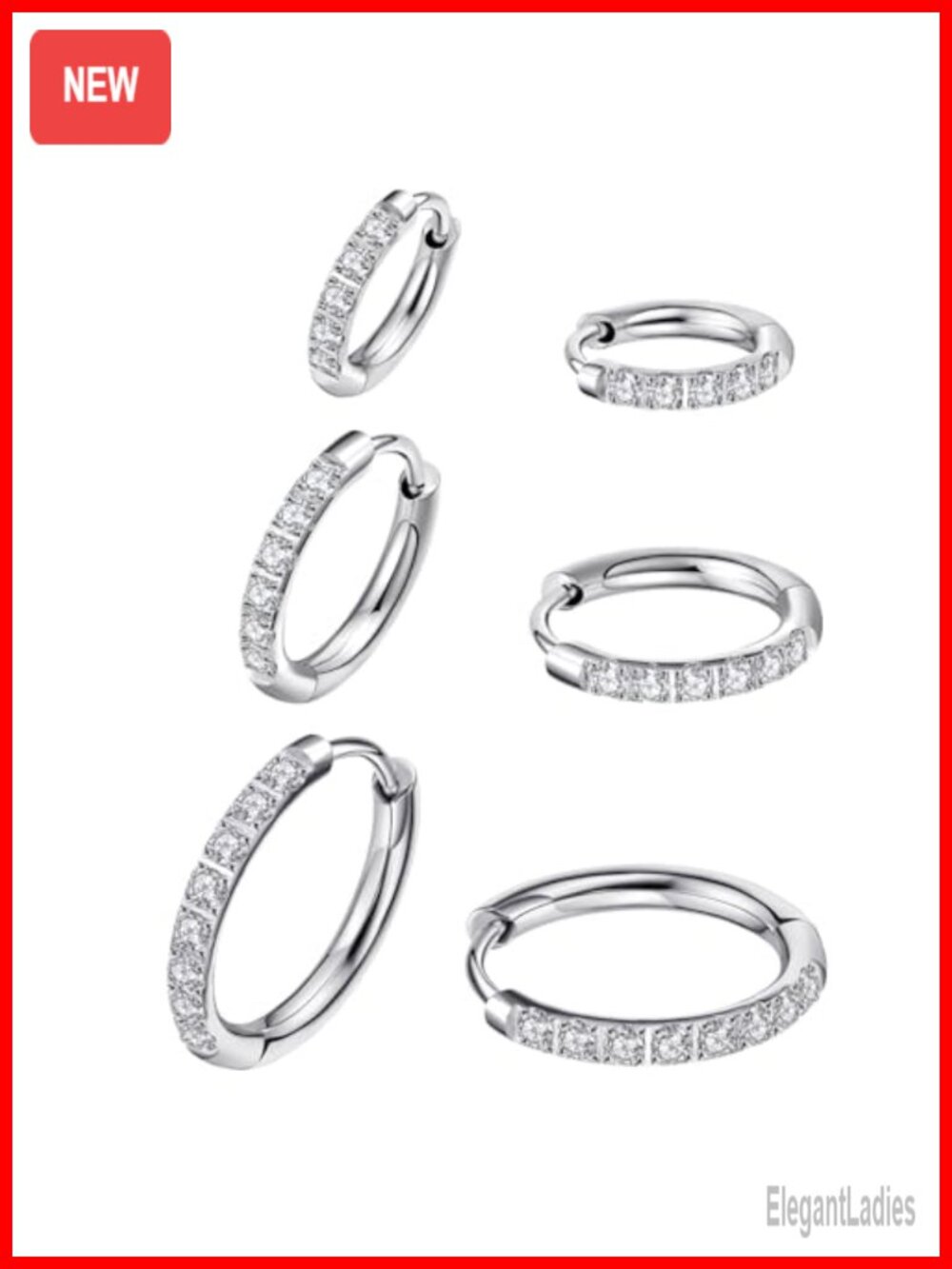 316L Surgical Steel Huggie Hoop Earrings Cubic Zirconia Pave Set 3 Pairs